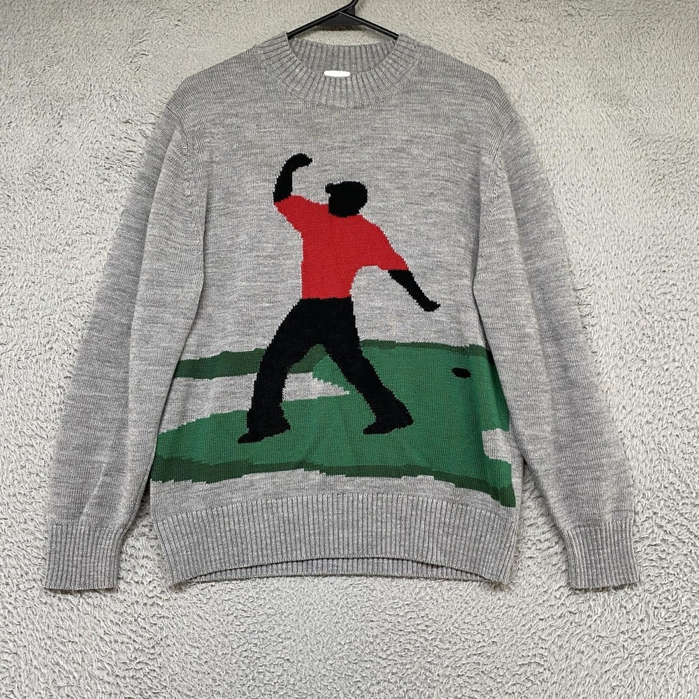 Vintage Tiger Woods Sweater Mens M Golfer Graphic Intarsia Knit Golf Fist Pump